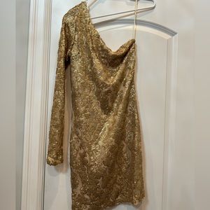 Guess Los Angeles Gold Metallic One Shoulder Sequin Mesh Mini Party Dress S